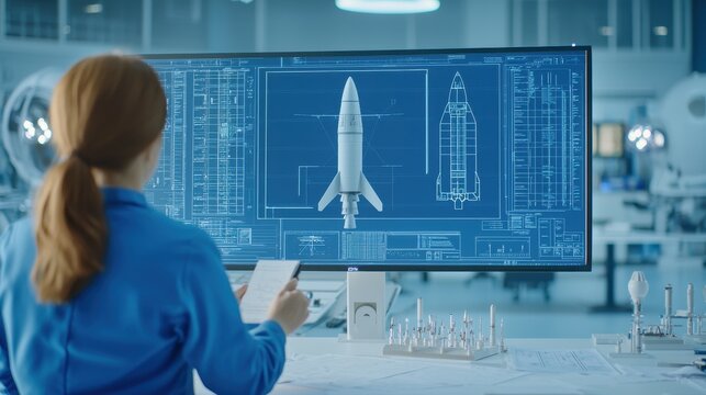 Female aerospace engineer reviewing spacecraft design blueprints for technical development and analysis