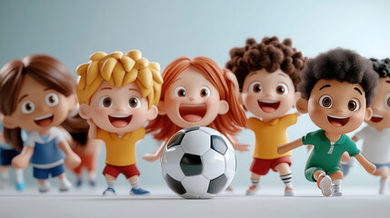 Group of 3D cartoon kids playing soccer with ball, showcasing joy and excitement. Their vibrant expressions and colorful outfits create lively scene of fun and friendship