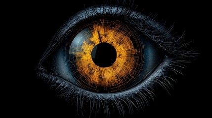 Abstract human eye with orange circuitry design on a black background.