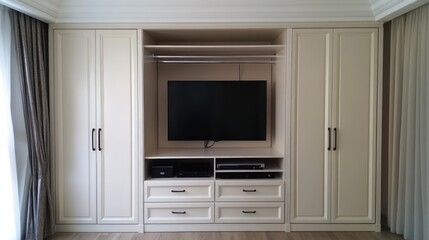 Modern entertainment unit with a TV and storage in a stylish living space.
