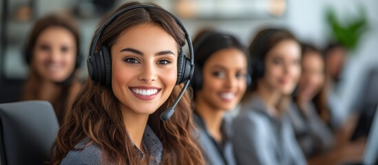 Fototapeta premium A smiling businesswoman wearing a headset looks at the camera while sitting at her desk with her coworkers behind her.