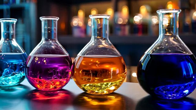 Realistic potion bottles with vibrant colorful liquids for fantasy or magic scenes