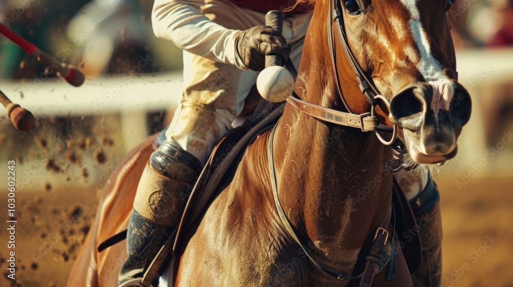 Poster a closeup of a player gracefully galloping on their horse expertly controlling the reins and mallet 