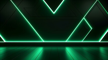Dark Green Wall with geometric Patterns and Neon Lighting. Futuristic Backdrop for Product Presentation