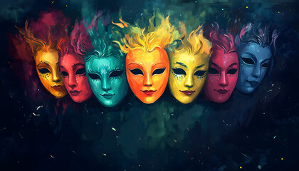Obraz premium An artistic illustration of colorful drama masks lined up