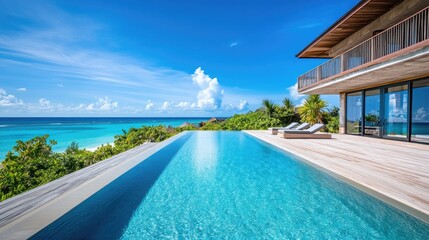 Fototapeta premium Tropical resort with beachfront villas and turquoise ocean view, set in a minimalist design, highlighting relaxation and luxury.