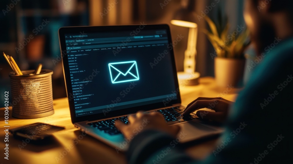 Poster a person working on a laptop displaying a glowing email icon in a dimly lit environment.