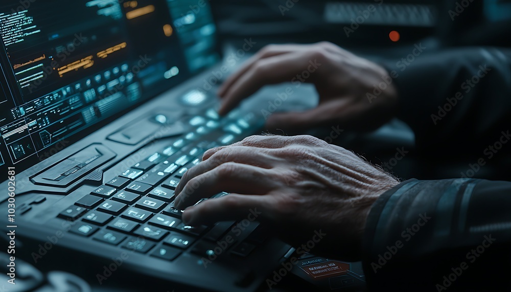 Aufkleber hands of a cybersecurity analyst working on advanced security software.