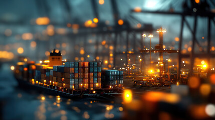 vibrant shipyard scene filled with docked cargo ships and illuminated containers, showcasing bustling activity of maritime logistics. warm lights create dynamic atmosphere
