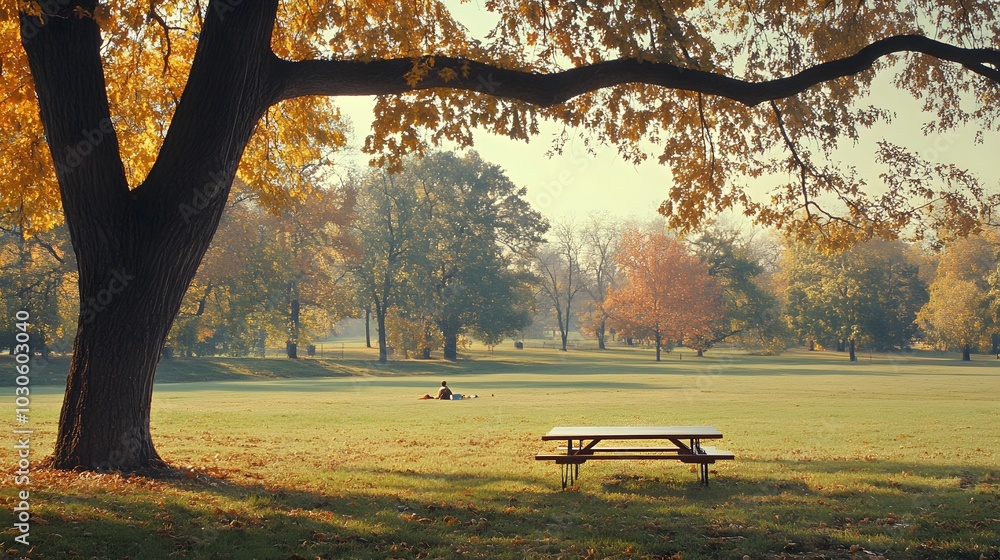 Poster 112. a wide open field with an empty picnic setup under a tree