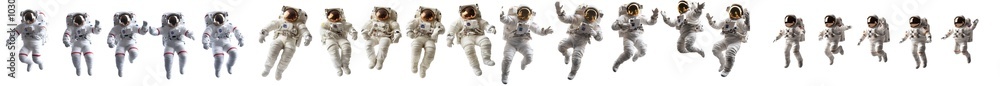 Poster Various astronauts or spacemen floating on white background. A collection of photographs exploring the universe by spaceman.