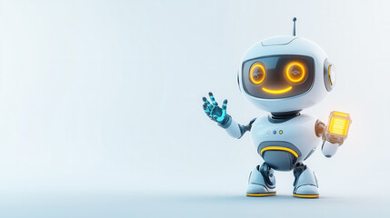 cheerful 3D cartoon robot is waving with one hand while holding glowing device in other. Its friendly expression and bright colors create playful atmosphere