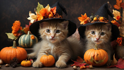 Playful Kittens with Pumpkins