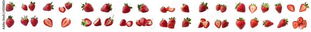 Poster Strawberries sliced halved sliced on transparent background cutout. Many angles and viewpoints. Mockup template for artwork graphic design.