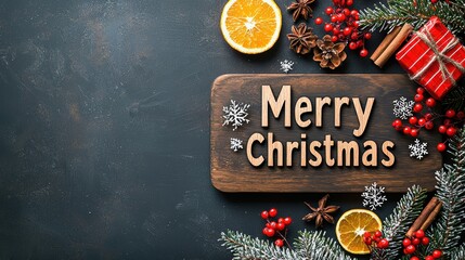 Merry Christmas wooden board surrounded by festive decorations like oranges, pine cones, and red berries, creating warm holiday atmosphere. 