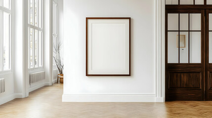 A Large Wooden Frame Hanging on a White Wall in a Room with a Wooden Door and a Window, with a View of a Building in the Background