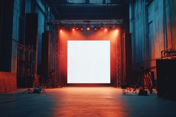 Empty Stage With White Screen In Industrial Building