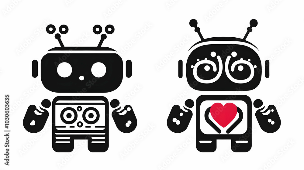 Poster two black and white robots with different expressions standing side-by-side on a white background, o