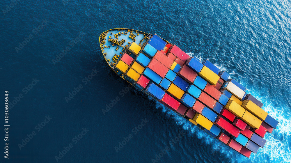 Poster container ship navigates through deep blue waters, showcasing vibrant array of colorful shipping con