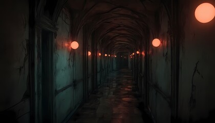 Fototapeta premium Hauntingly dark corridor with glowing orbs lighting the way through crumbling walls