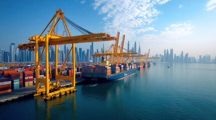 Obraz premium Large cranes lifting shipping containers from cargo ship in bustling port, with stunning skyline in background. scene captures essence of maritime trade and industry