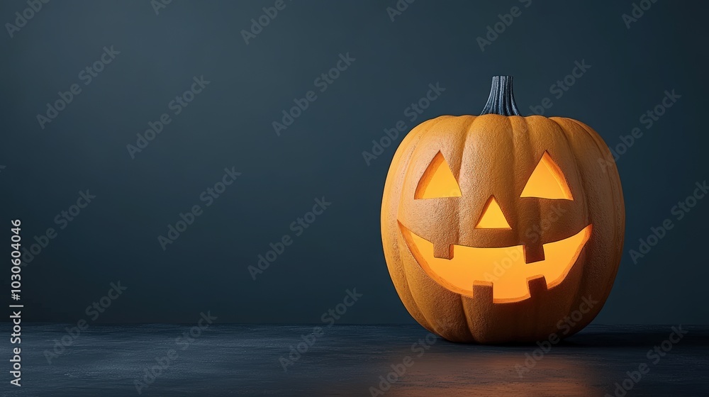 Wall mural classic halloween pumpkin with carved face, glowing light, dark background.