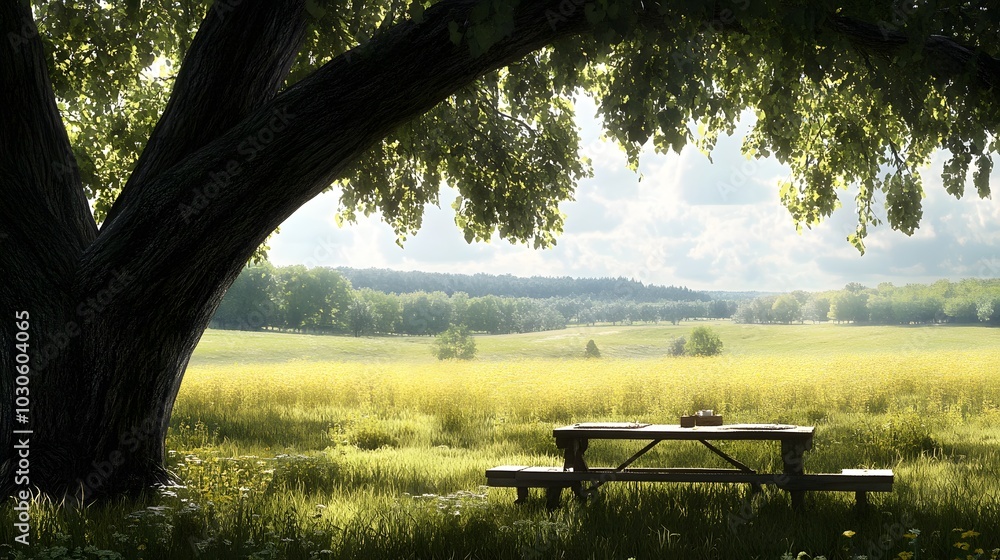 Poster 112. a wide open field with an empty picnic setup under a tree