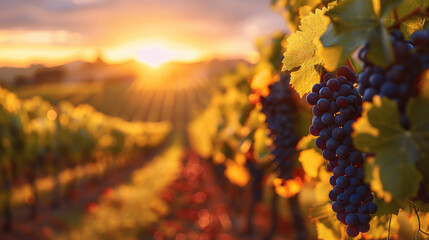 Vineyards with blurred sunset background.