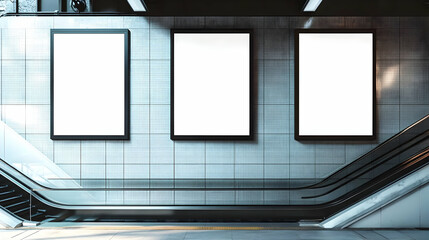 Three Blank Billboards  Mounted in an Underground Subway Station with Escalators