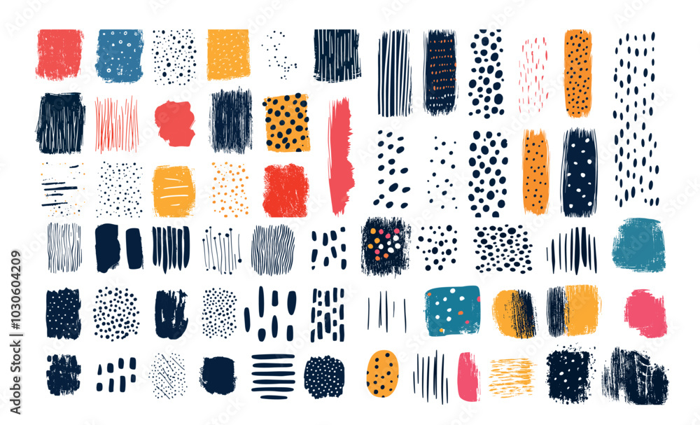 Poster color ink doodle sketch strokes textures vector set. lines circular repeated dots dashes spots cloth