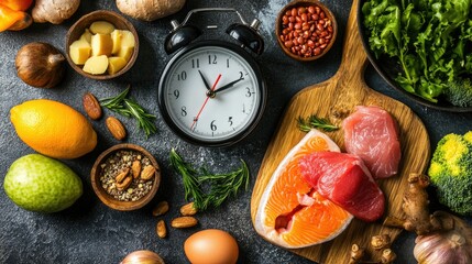Intermittent fasting IF diet concept with hour clock timer for skipping meal  eating keto low carb food meal healthy nutrition with gym exercise for weight loss  