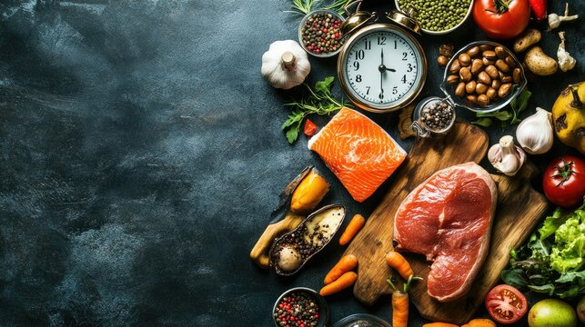 Intermittent fasting IF diet concept with hour clock timer for skipping meal  eating keto low carb food meal healthy nutrition with gym exercise for weight loss  