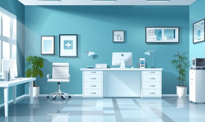 a bright modern professional clinic medical space emerge with office and medical equipments all in one healthcare center concept background