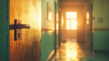 The soft lighting from the corridor spills into the room