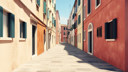 Obraz premium Charming narrow street in a vibrant neighborhood, showcasing colorful buildings and peaceful ambiance, perfect for travel enthusiasts and urban explorations.