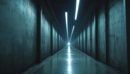 Futuristic corridor with bright neon lights and concrete walls leading to a glowing exit