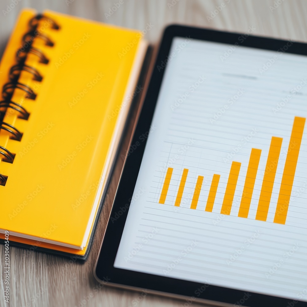 Poster a bright yellow notebook and a tablet displaying a rising bar graph on a wooden surface, symbolizing