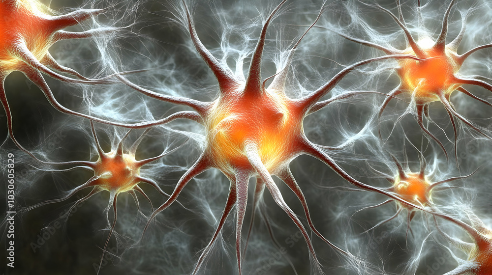 Poster 3d render of neuron cells with intricate connections