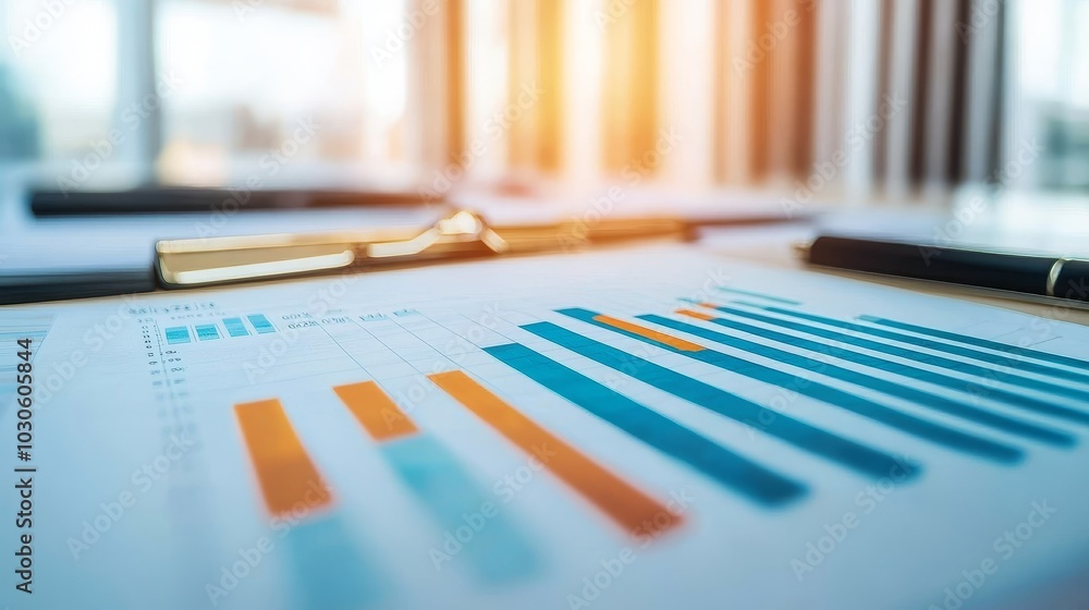 Poster a close-up view of a report showcasing colorful graphs and charts, highlighting data analysis with a