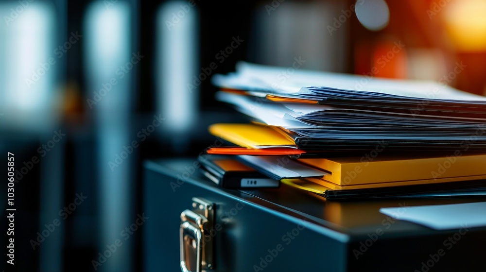 Poster a close-up view of a stack of papers and folders on a black filing cabinet, with soft lighting creat