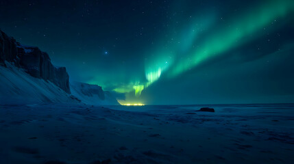 Fototapeta premium A Stunning View of the Aurora Borealis Dancing over a Snowy Landscape with a Starry Night Sky