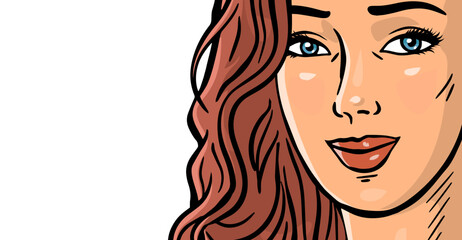 Portrait of a beautiful young woman. Girl face closeup with hairstyle. A look and a smile. Beauty and femininity. Vector illustration banner with white background. Hand drawn style outline