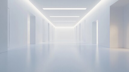 Fototapeta premium A spacious, minimalist corridor with soft lighting and white walls, evoking calm and simplicity.