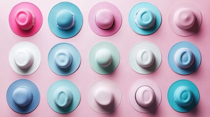 Colorful Straw Hats on Pink Background