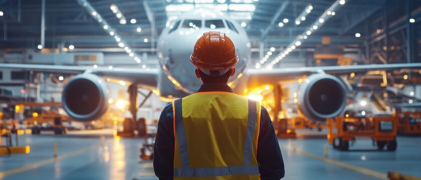 Male worker in safety helmet and vest stands at an airport, observing the aircraft. This image captures a crucial moment in aviation operations and safety.
