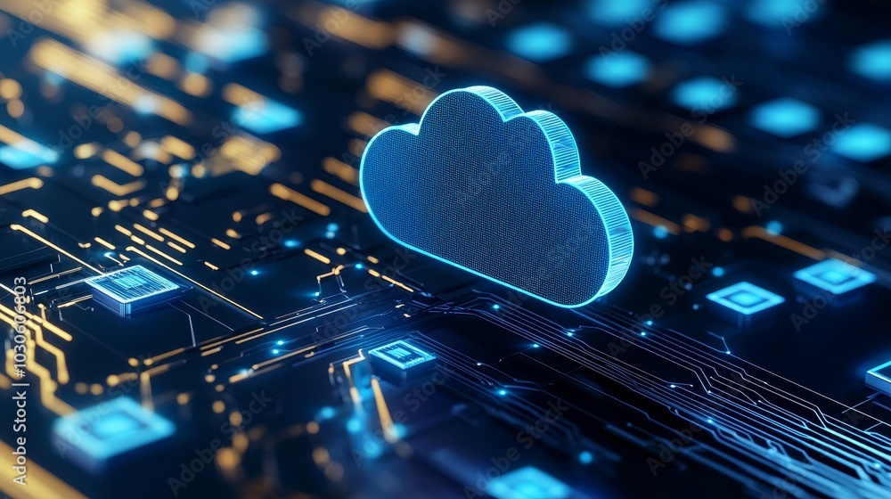 Poster a digital cloud icon on a circuit board background, symbolizing cloud computing technology and data 