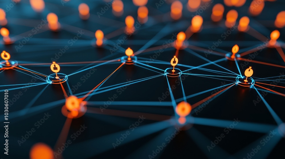 Aufkleber a digital network visualization featuring interconnected nodes illuminated by orange lights against 