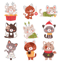Fototapeta premium A set of Christmas cats.Merry christmas and happy new year concept background vector.