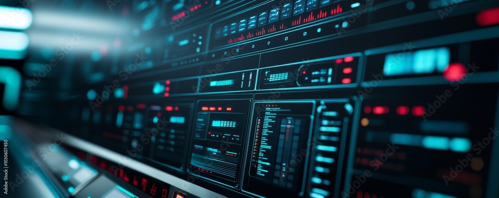 Poster a futuristic close-up of a data server panel with glowing displays and intricate controls, highlight