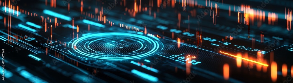 Poster a futuristic digital interface showcasing glowing circuits and data patterns with vibrant colors.